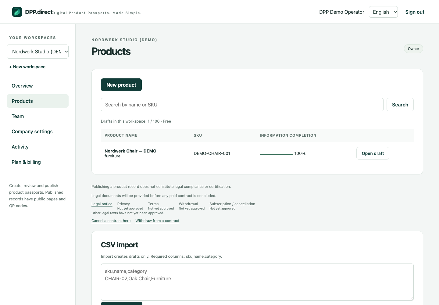 DPP Direct Produktliste mit einem ausdrücklich als DEMO markierten synthetischen Nordwerk-Datensatz.